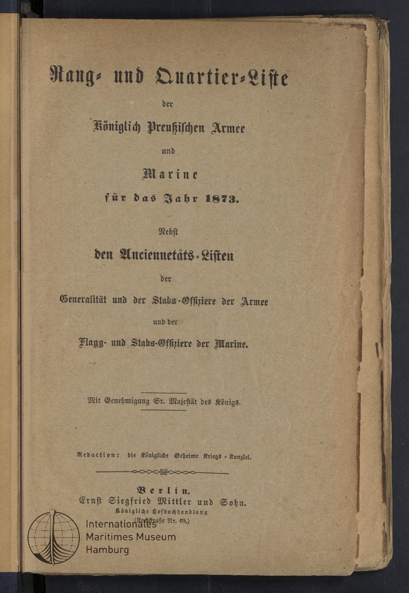 Rang- und Quartier-Liste der Königlich Preussischen Armee und Marine für das Jahr 1873.