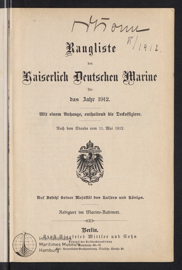Rangliste der Kaiserlich Deutschen Marine für das Jahr 1912.