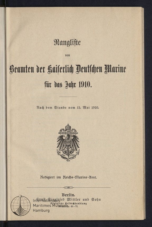 Rangliste von Beamten der Kaiserlich Deutschen Marine für das Jahr 1910.