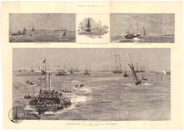 Sketches at the Naval Review: oben links: The Germany Squadron off Osborne; oben Mitte: The 'Valorous' at Osborne, Manning Yards and Saluting; oben rechts: The Fleet Saluting the Royal Yachts; unten: The Royal Yachts passing throught the Lines