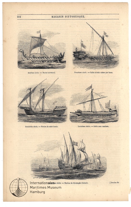 oben: Dixième sicécle, Navire normand UND Douzième siécle, Galée à trois rames par bane; Mitte: Treizième siécle, Naviere de saint Louis UND Treizième siécle, Galée sans rambate; unten: Quinzième, Navieres de Christophe Colomb
