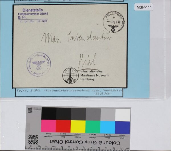 Dienstbrief, Schiffsname/Landeinheit: Küstensicherungsverband norwegische Westküste, Feldpostnr. 31242; Frankatur, Mi.-Nr.: [Keine]; Poststempel: Feldpost f 22.8.42; Nebenstempel: Dienststelle Feldpost-Nr. 31242