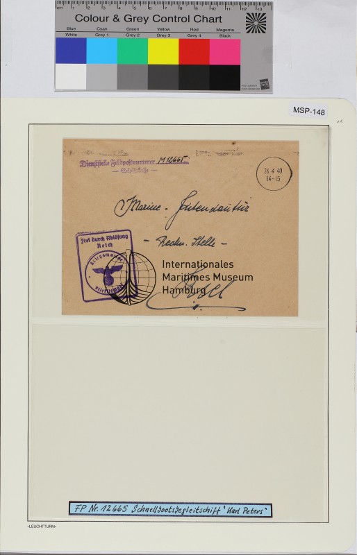 Dienstbrief, Schiffsname/Landeinheit: Schnellbootbegleitschiff Karl Peters, Feldpostnr. 12665; Frankatur, Mi.-Nr.: [Keine]; Poststempel: Masch.-Stpl: 26 4 40 14-15; Nebenstempel: Frei durch Ablösung Reich Kriegsmarine
