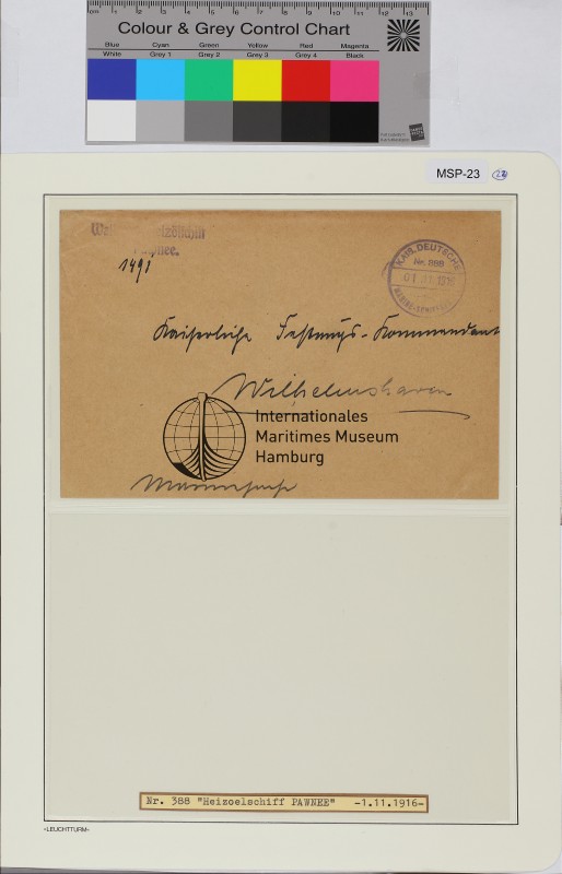 Dienstbrief, Schiffsname/Landeinheit: Pawnee; Frankatur, Mi.-Nr.: [Keine]; Poststempel: KDMSP Nr. 388 01.11.1916; Nebenstempel: Wasser- u. Heizölschiff Pawnee.