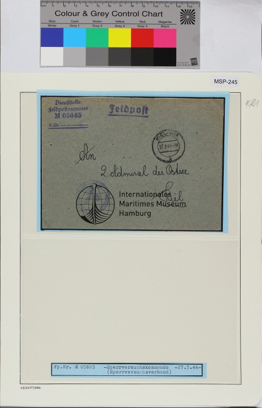 Dienstbrief, Schiffsname/Landeinheit: Versuchsverband des Sperr Versuchs-Kommando, Feldpostnr. 05665; Frankatur, Mi.-Nr.: [Keine]; Poststempel: Kiel-Wik a 27.3.44.-10; Nebenstempel: Dienststelle Feldpost-Nr. M 05665