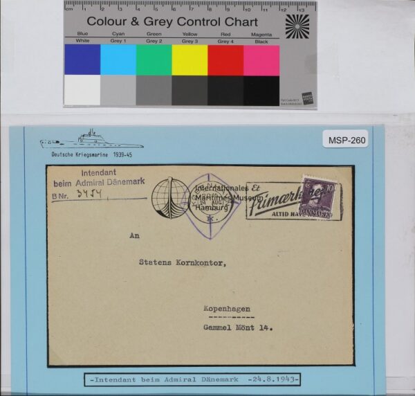 Dienstbrief, Schiffsname/Landeinheit: Intendant beim Admiral Dänemark; Frankatur, Mi.-Nr.: Dänemark, 10Öre, Mi.-Nr. 269a; Poststempel: Masch.-Stpl: Köbenhavn K.24 Aug 1943 20.15 u. Werbetext; Nebenstempel: Intendant beim Admiral Dänemark
