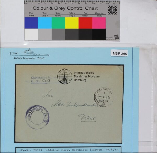 Dienstbrief, Schiffsname/Landeinheit: Admiral der norwegischen Westküste, Feldpostnr. 34964; Frankatur, Mi.-Nr.: [Keine]; Poststempel: Feldpost f 19.8.42; Nebenstempel: Dienststelle Feldpost-Nr. []