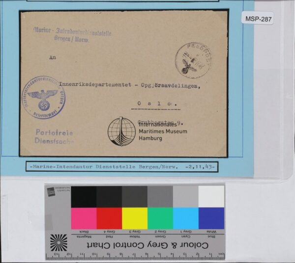 Dienstbrief, Schiffsname/Landeinheit: Marine Intendantur Bergen; Frankatur, Mi.-Nr.: [Keine]; Poststempel: Feldpost e 2.11.43; Nebenstempel: Marineintendanturdienststelle Bergen