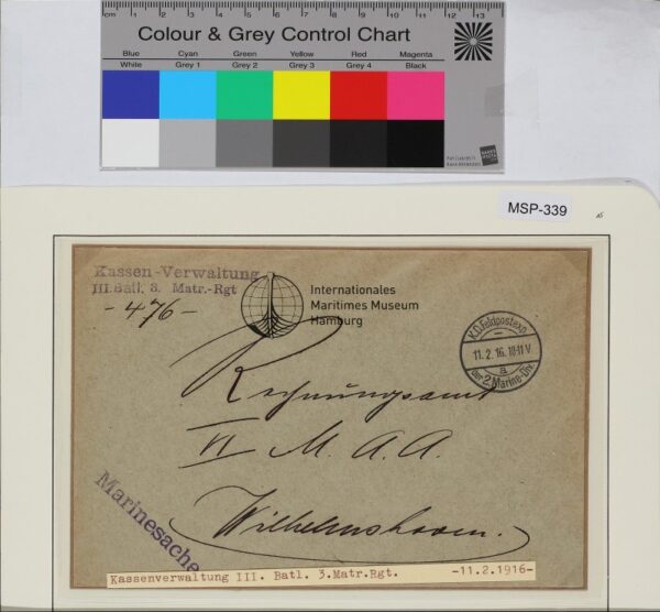 Dienstbrief, Schiffsname/Landeinheit: 2. Marine-Division, Marine-Korps; Frankatur, Mi.-Nr.: [Keine]; Poststempel: K.D.Feldpostexp. der 2. Marine-Div. A 11.2.16.10-11V; Nebenstempel: Feldpost Kaiserliche Marine Kommando 3. Batl. III. Matr. -Regt.
