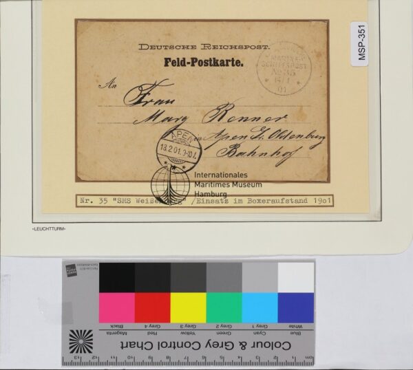 Feldpostkarten-Vordruck aus Wusung, Schiffsname/Landeinheit: Weissenburg; Frankatur, Mi.-Nr.: [Keine]; Poststempel: KDMSP Nr. 35 14 1 01, APEN 18.2.01 9-10 V; Nebenstempel: [Keine]