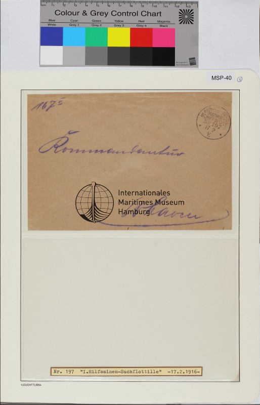 Dienstbrief, Schiffsname/Landeinheit: 1. Halbflottille der Hilfsminensuchflottille der Nordsee; Frankatur, Mi.-Nr.: [Keine]; Poststempel: KDMSP Nr. 197 17 2 16; Nebenstempel: Briefstempel Kaiserliche Marine Kommando d. 1. Hilfsminensuchfl[]