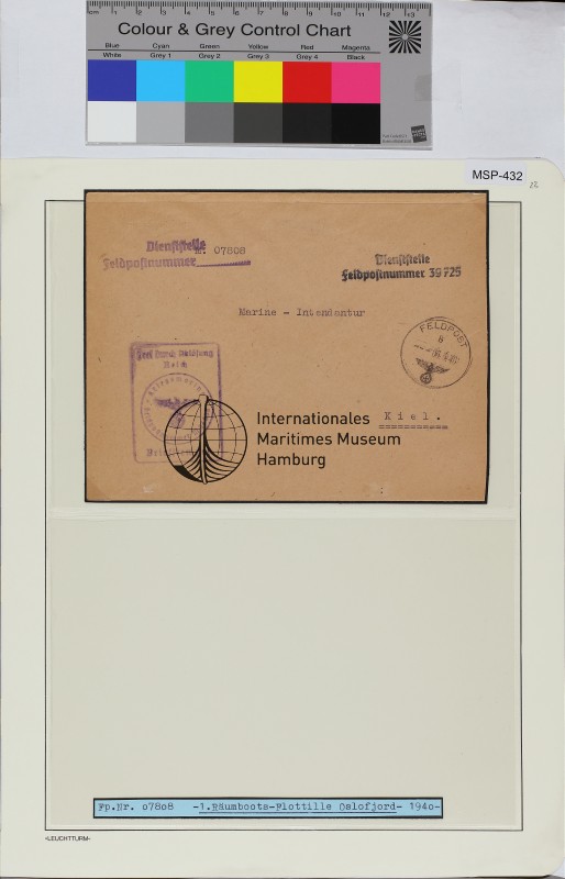 Dienstbrief, Schiffsname/Landeinheit: 1. Räumbootsflottille Kommando, Feldpostnr. 07808; Frankatur, Mi.-Nr.: [Keine]; Poststempel: Feldpost b 06.5.40; Nebenstempel: Frei durch Ablösung Reich Kriegsmarine Feldpost-Nr. M 07808