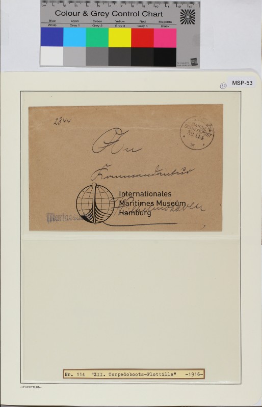 Dienstbrief, Schiffsname/Landeinheit: XII.Torpedobootshalbflottille; Frankatur, Mi.-Nr.: [Keine]; Poststempel: KDMSP Nr. 114 - - 16 [ohne Tages- u. Monatsdatum]; Nebenstempel: Briefstempel Kommando der XII. Halb-Flottille