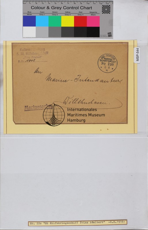 Dienstbrief, Schiffsname/Landeinheit: Prinz Adalbert; Frankatur, Mi.-Nr.: [Keine]; Poststempel: KDMSP Nr. 220 8 8 16; Nebenstempel: Kassenverwaltung S. M. Hilfskriegsschiff "Prinz Adalbert"