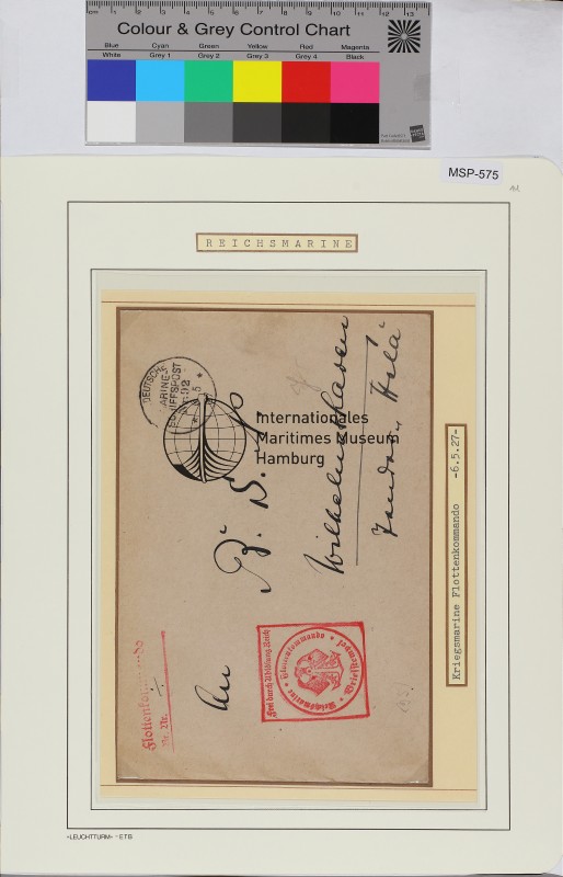 Dienstbrief, Schiffsname/Landeinheit: Schleswig-Holstein; Frankatur, Mi.-Nr.: [Keine]; Poststempel: Deutsche Marine-Schiffspost Nr.92 6 5 27; Nebenstempel: in rot: Frei durch Ablösung Reich Reichsmarine Flottenkommando