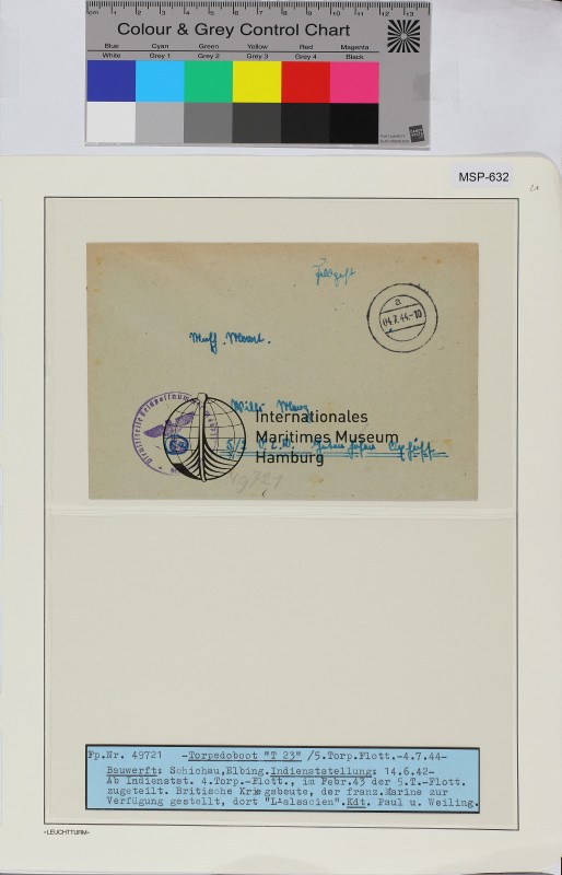 Privat-Feldpostbrief, Schiffsname/Landeinheit: T 23, Feldpostnr. 49721; Frankatur, Mi.-Nr.: [Keine]; Poststempel: a 04.7.44.-10; Nebenstempel: Dienststelle Feldpost-Nr. M 49721