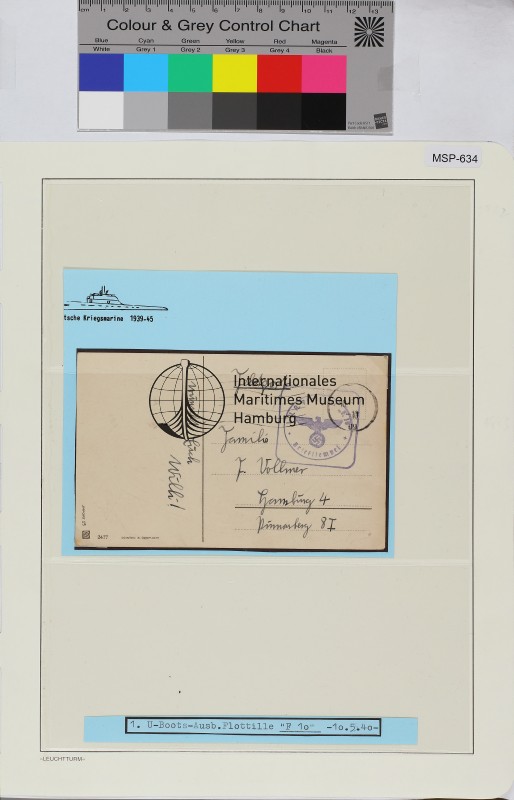 Privat-Feldpost-Ansichtskarte, Schiffsname/Landeinheit: 1. U-Boots-Ausbildungs Flottille F 10; Frankatur, Mi.-Nr.: [Keine]; Poststempel: Masch.-Stpl: gg 10.5.40.-10; Nebenstempel: 1. U. A. Flottille"F10"