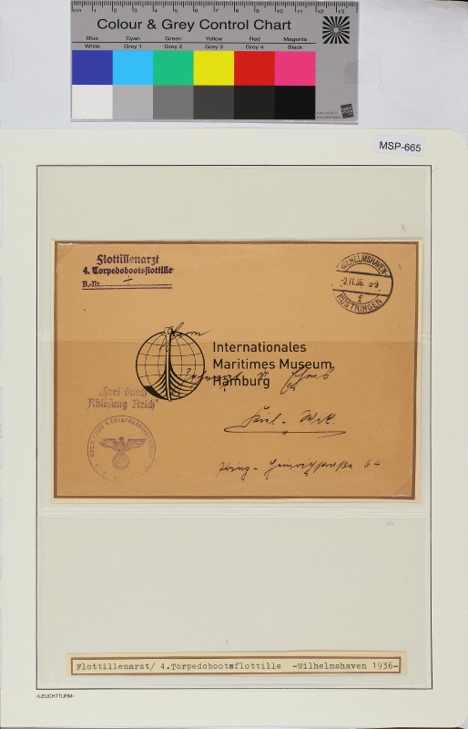 Dienstbrief, Schiffsname/Landeinheit: 4. Torpedobootsflottille Flotillenarzt; Frankatur, Mi.-Nr.: [Keine]; Poststempel: Wilhelmshaven-Rüstringen f 2.11.36.8-9; Nebenstempel: Frei durch Ablösung Reich Kommando 4. Torpedobootsflottille