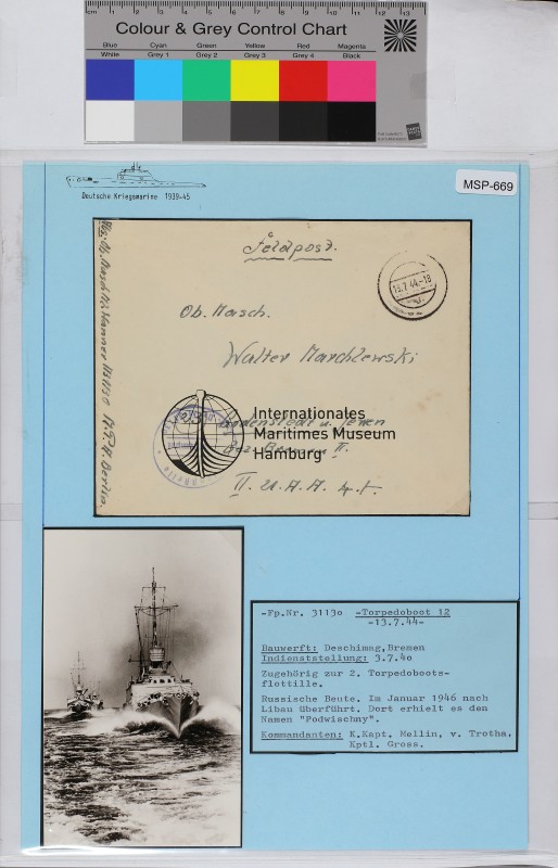 Privat-Feldpostbrief, Schiffsname/Landeinheit: T 12, Feldpostnr. 31130; Frankatur, Mi.-Nr.: [Keine]; Poststempel: 13.7.44.-18; Nebenstempel: Dienststelle Feldpost-Nr. 31130