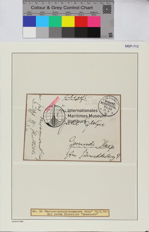 Privat-Feldpostbrief, Schiffsname/Landeinheit: Marine-Spezialkommando; Frankatur, Mi.-Nr.: [Keine]; Poststempel: KDMSP Nr. 98 19 5 16; Nebenstempel: in rot: Zensuriert