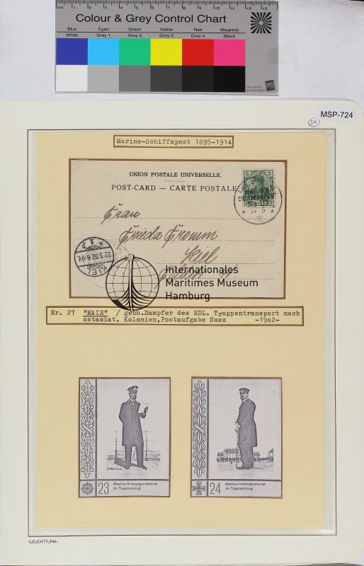 Postkarte (privat) aus Port Said, Schiffsname/Landeinheit: Main; Frankatur, Mi.-Nr.: 5 Pfg, Mi.-Nr. 70; Poststempel: KDMSP Nr. 14 5 02, Kiel 1p 22.5.02; Nebenstempel: [Keine]