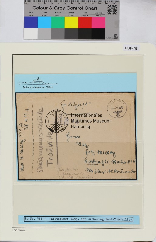 Privat-Feldpostbrief, Schiffsname/Landeinheit: Stützpunkt-Kompanie des B.S.W., Feldpostnr. 38411; Frankatur, Mi.-Nr.: [Keine]; Poststempel: Feldpost g 11.10.42; Nebenstempel: [Keine]